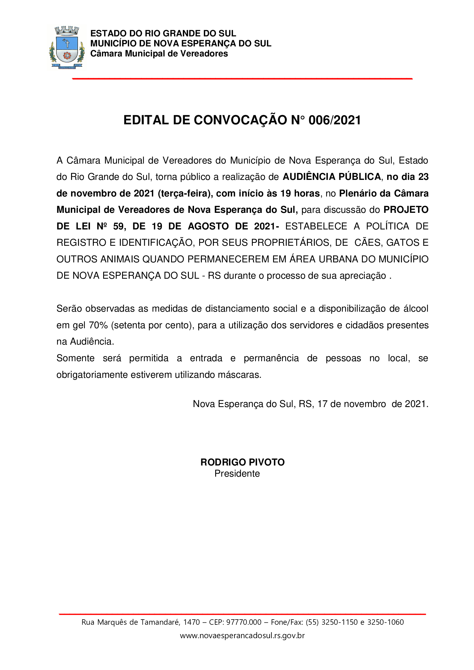 EDITAL DE CONVOCAÇÃO N° 006/2021