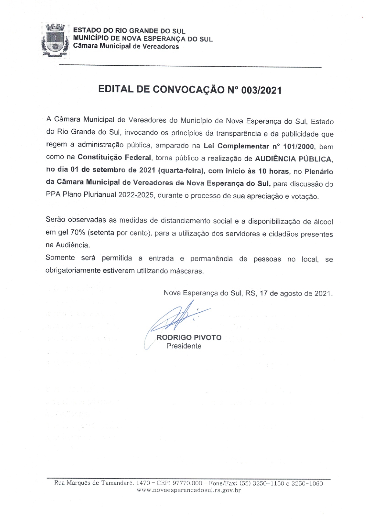 EDITAL DE CONVOCAÇÃO Nº 003/2021